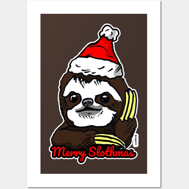 Merry Slothmas - Funny and Cute Christmas Sloth Wall Art by sketchnkustom